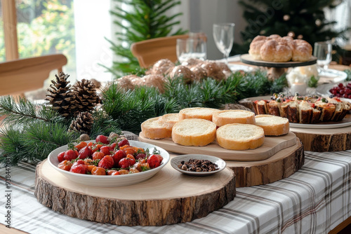 Christmas table setting with bread, salad, and festive decor photo