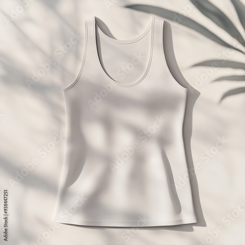 White tank top on a white background with shadows of leaves.