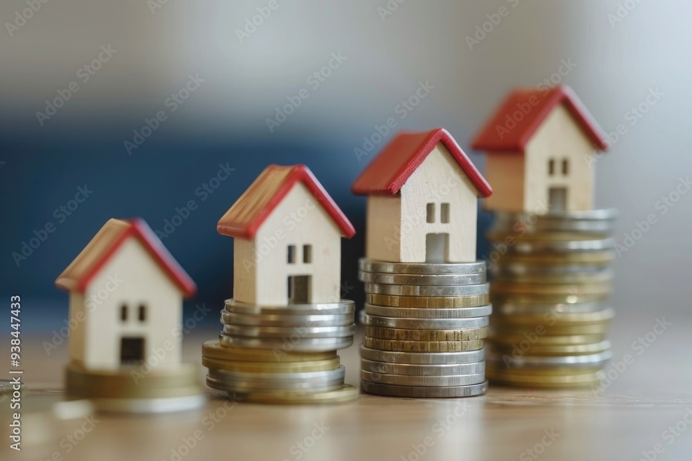 Stacked coins with small wooden houses on top, symbolizing property investment and financial growth Stacked coins with small wooden houses on top, symbolizing property investment and financial growth