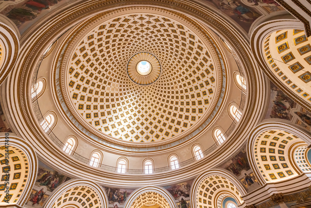 Obraz premium 23 Mar 2023. Malta, Mosta. The Sanctuary Basilica of the Assumption of Our Lady, or Rotunda of Mosta. Interior. View of the dome. Third-largest unsupported dome in the world.
