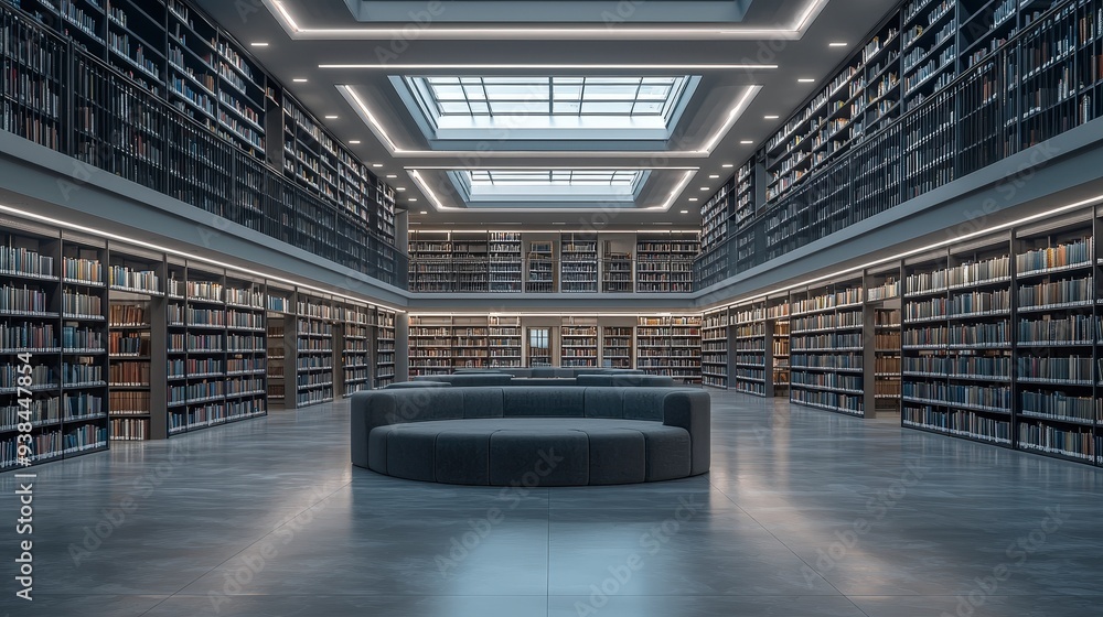 Fototapeta premium A modern library interior with a skylight and a circular couch in the middle of the room.