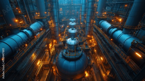 Industrial interior with large metal pipes and glowing lights in a dimly lit factory setting.