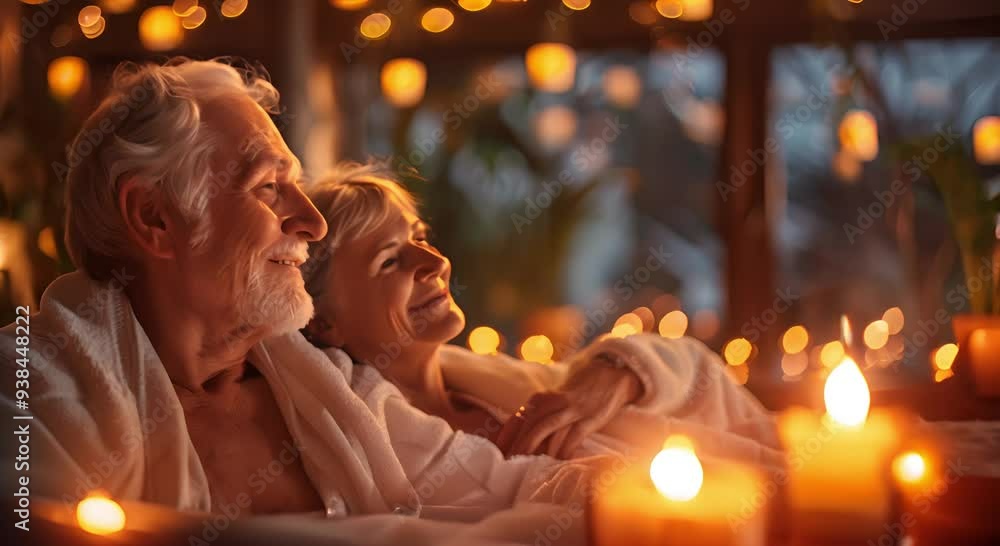 Smiling Couple in White Robes Under Blue Lights Smiling Couple in White Robes Under Blue Lights