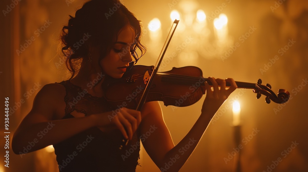 Fototapeta premium A woman is playing the violin in a dark room