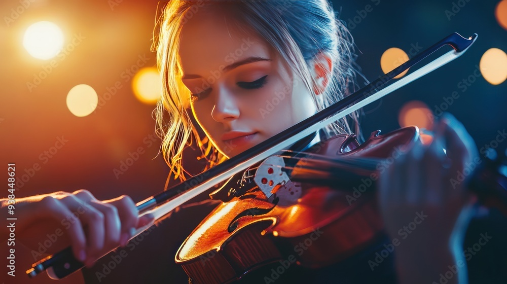 Fototapeta premium A woman is playing the violin in a dark room