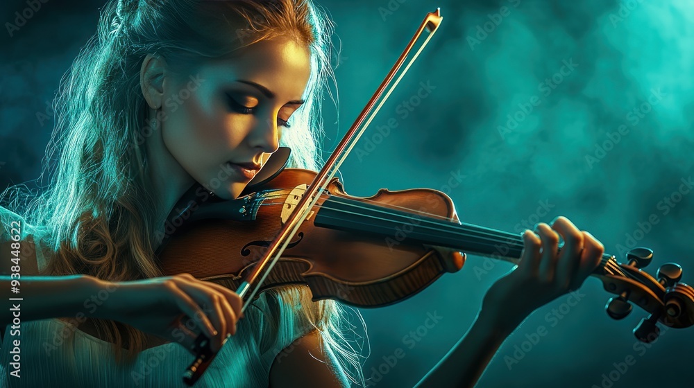 Fototapeta premium A woman is playing the violin in a dark room