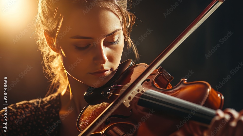 Fototapeta premium A woman is playing the violin in a dark room