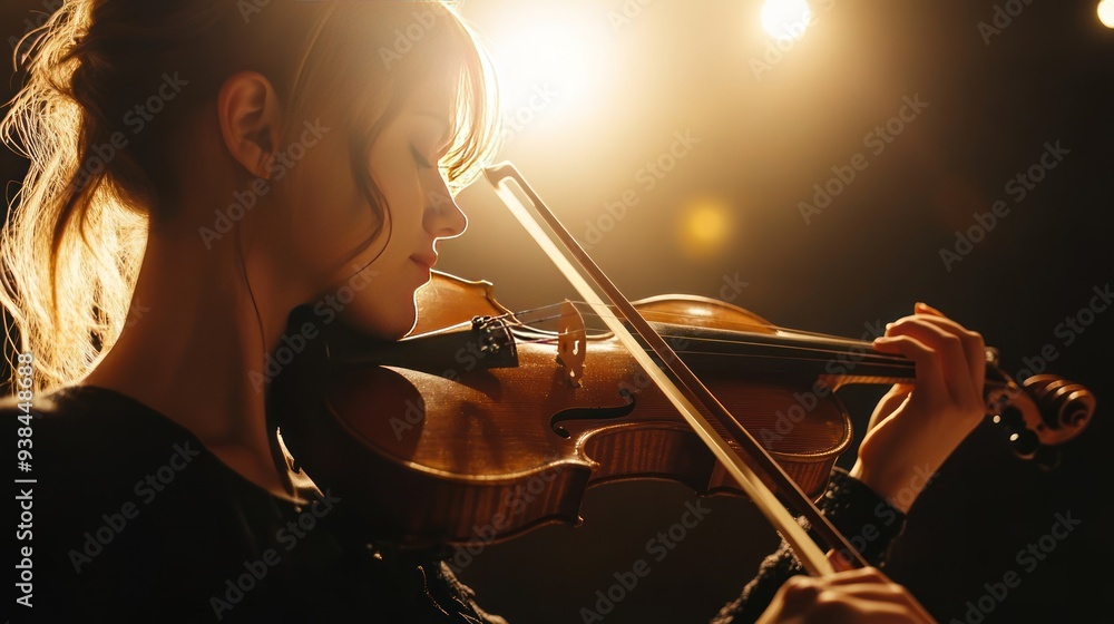 Fototapeta premium A woman is playing the violin in a dark room