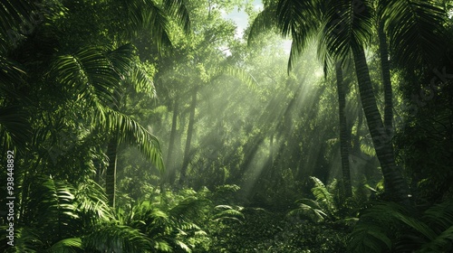 Fototapeta Naklejka Na Ścianę i Meble -  A lush green jungle with sunlight shining through the trees