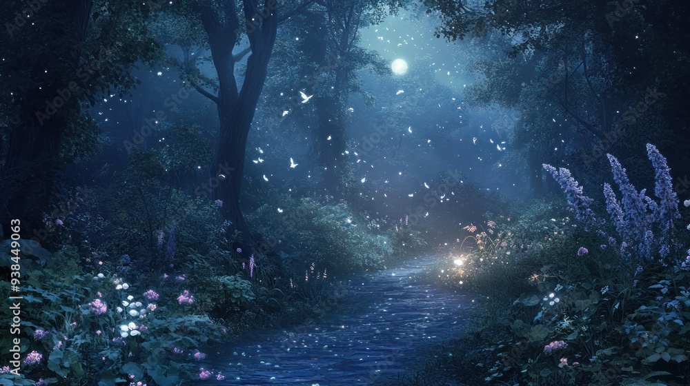 A forest with purple butterflies flying around A forest with purple butterflies flying around