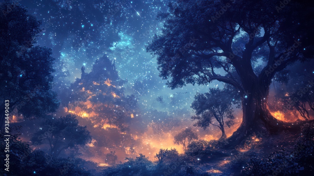 A forest with purple butterflies flying around A forest with purple butterflies flying around