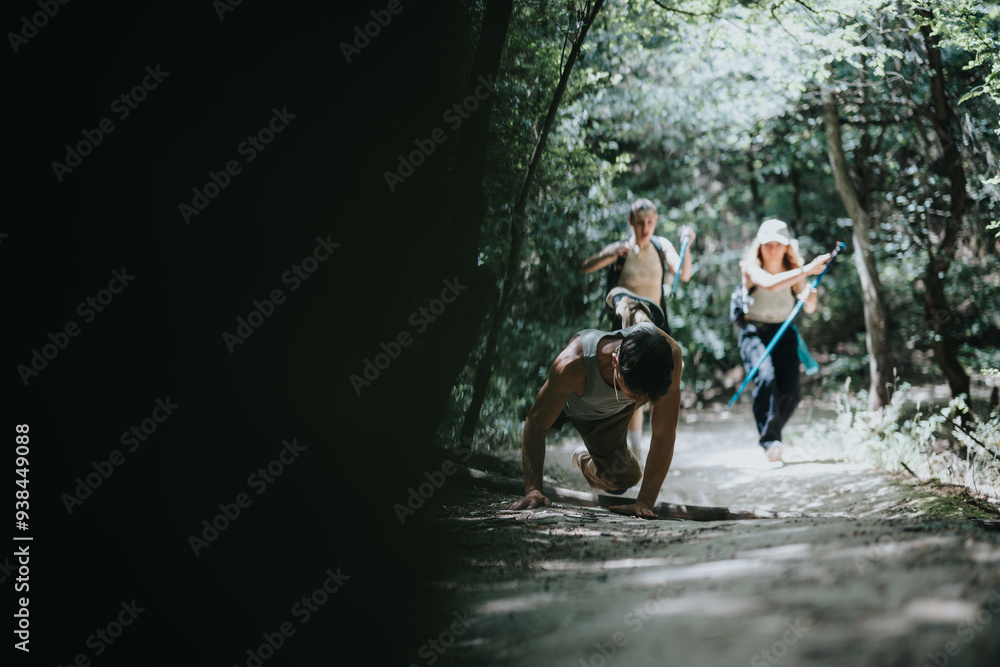 Fototapeta premium Two hikers helping a friend who tripped during a hike in a lush forest, conveying support, adventure, and camaraderie.