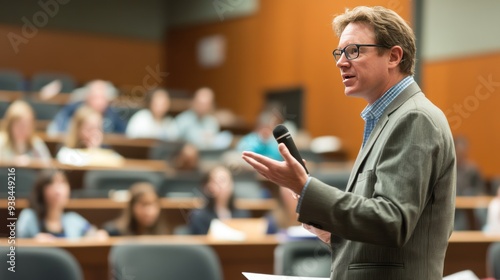 A man is giving a speech in front of a crowd of people
