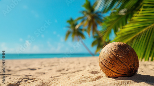 A coconut rests on sandy beach under palm trees with a clear blue sky and ocean in the background, ideal for tropical themes. photo