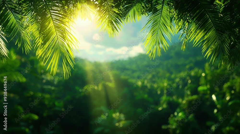 Obraz premium Lush green leaves frame a vibrant jungle scene, illuminated by soft sunlight filtering through the canopy.