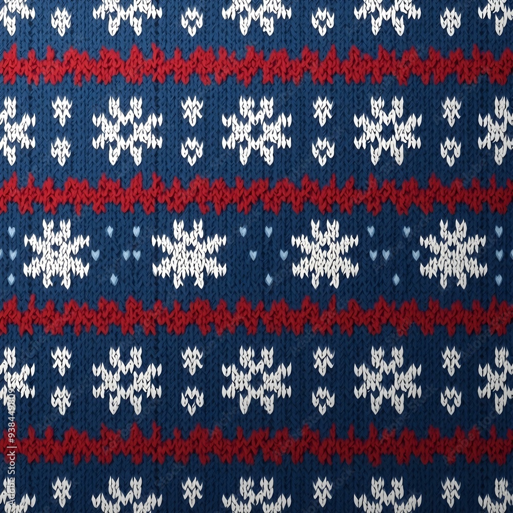 A seamless knitted pattern with snowflakes and geometric shapes in shades of blue, red, and white A seamless knitted pattern with snowflakes and geometric shapes in shades of blue, red, and white