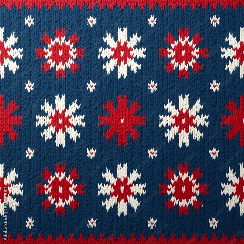 A seamless knitted pattern with snowflakes and geometric shapes in shades of blue, red, and white A seamless knitted pattern with snowflakes and geometric shapes in shades of blue, red, and white