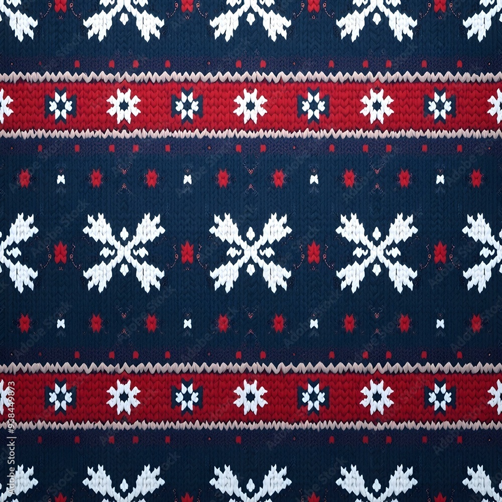 A seamless knitted pattern with snowflakes and geometric shapes in shades of blue, red, and white A seamless knitted pattern with snowflakes and geometric shapes in shades of blue, red, and white