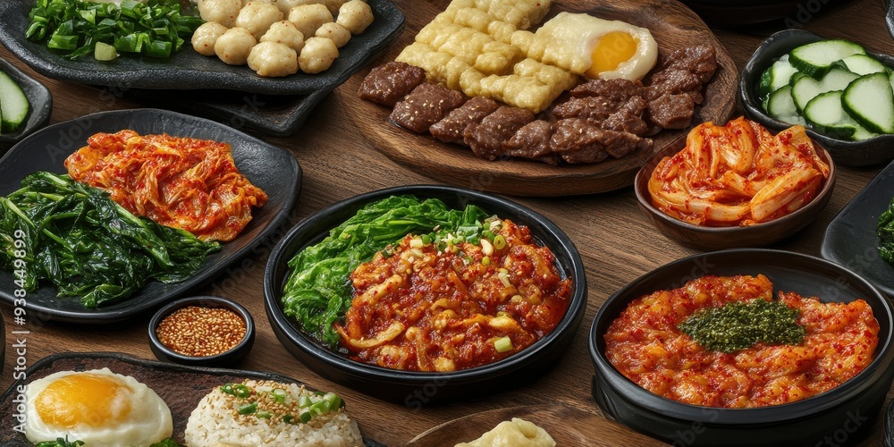 Delicious Spread of Authentic Korean Cuisine with Various Traditional Dishes Including Kimchi, Bulgogi, Rice, and Fresh Vegetables Delicious Spread of Authentic Korean Cuisine with Various Traditional Dishes Including Kimchi, Bulgogi, Rice, and Fresh Vegetables