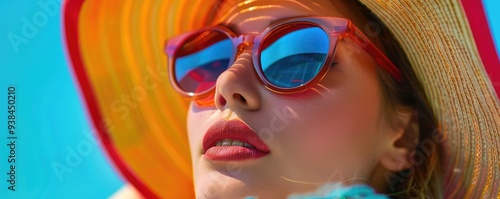 Stylish woman in hat and sunglasses with vibrant backdrop. photo