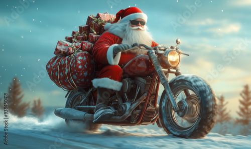 Santa Claus, like a cool biker, rushes at high speed along a winter road on a red motorcycle loaded with a mountain of Christmas gifts