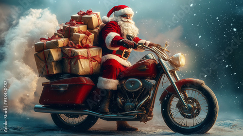 Santa Claus, as a cool biker, is ready to deliver lots of Christmas gifts on time, on his favorite red motorcycle