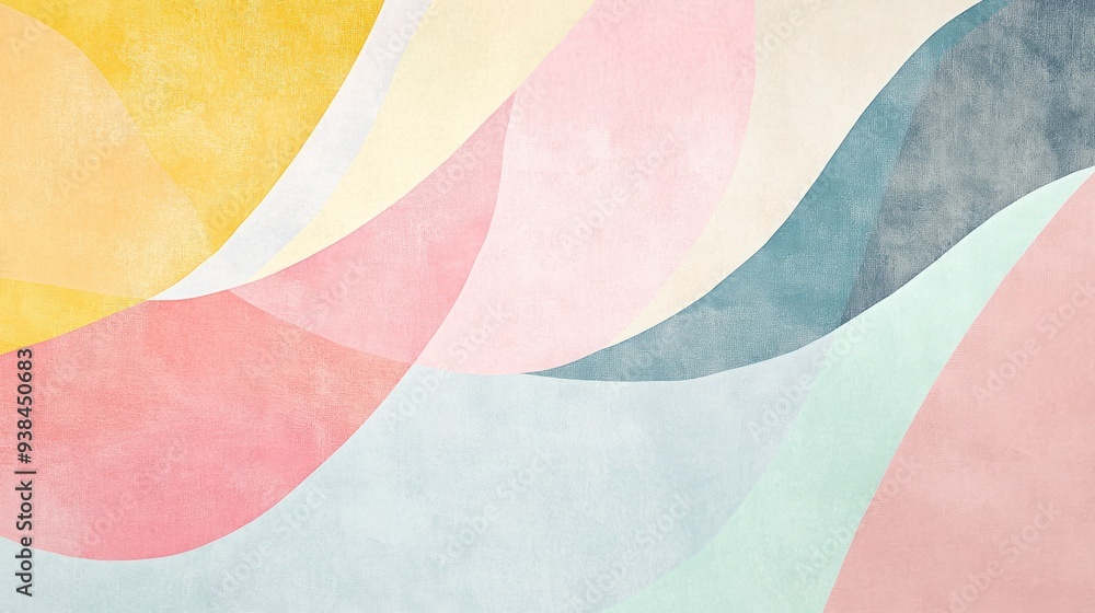 Fototapeta premium A colorful painting of a mountain range with a blue and pink sky.