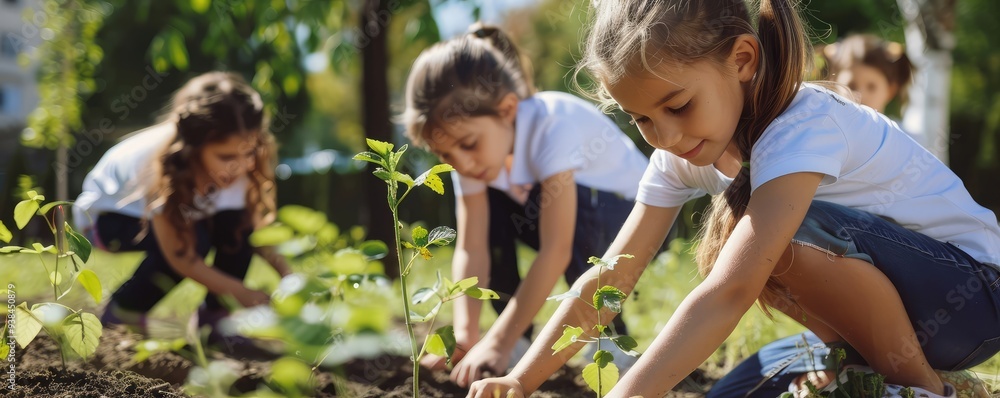 Fototapeta premium Children cultivating plants outdoors under sunny weather