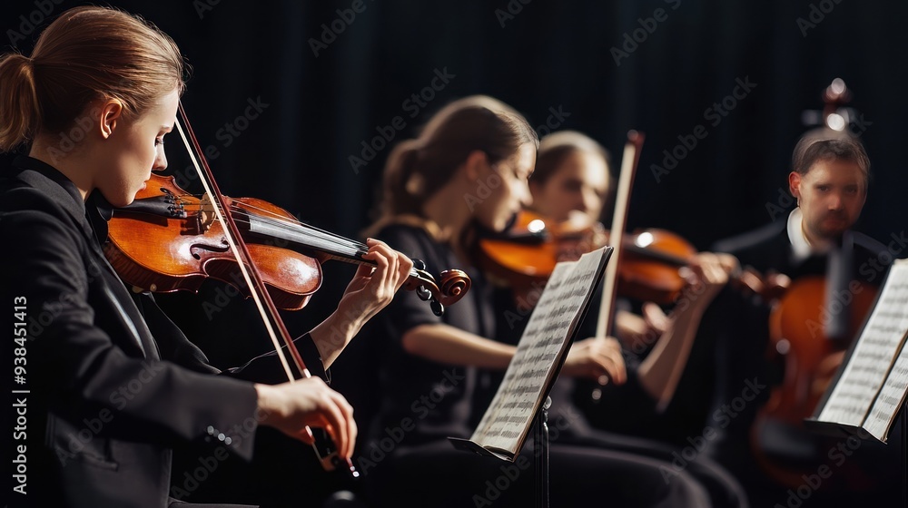 Fototapeta premium A woman is playing the violin while a man plays the cello.