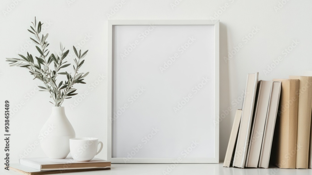 White Frame Mockup with Olive Branch and Books White Frame Mockup with Olive Branch and Books