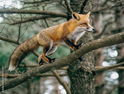 A fox is walking on a tree branch. The image has a calm and peaceful mood