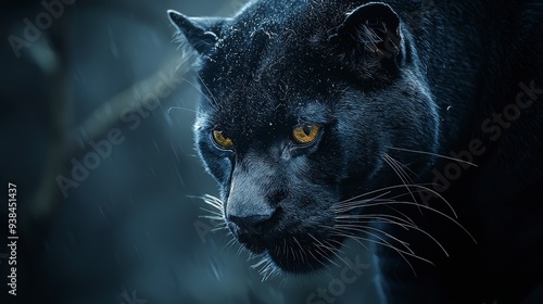 Closeup portrait of a black panther with golden eyes, looking intensely. photo