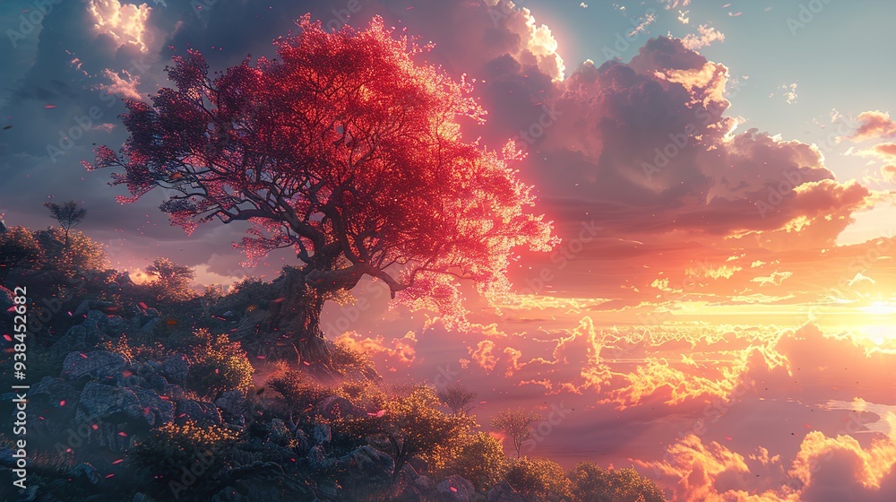 Sunset Landscape with Pink Tree and Clouds Sunset Landscape with Pink Tree and Clouds