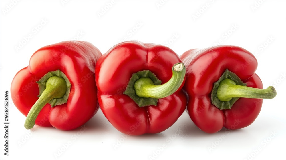 Three red bell peppers with green stems, isolated on white background. Three red bell peppers with green stems, isolated on white background.