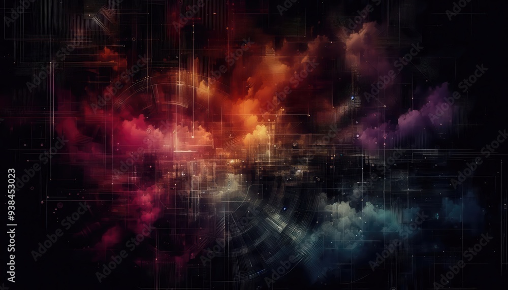 Fototapeta premium A vibrant abstract illustration blending colors and shapes, perfect for tech, digital art, or creative projects.