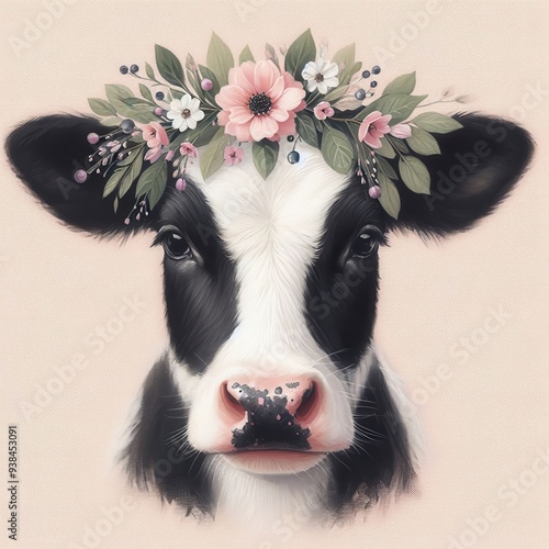 A charming cow adorned with a floral crown, perfect for rustic, farm-themed designs or agricultural marketing materials. photo