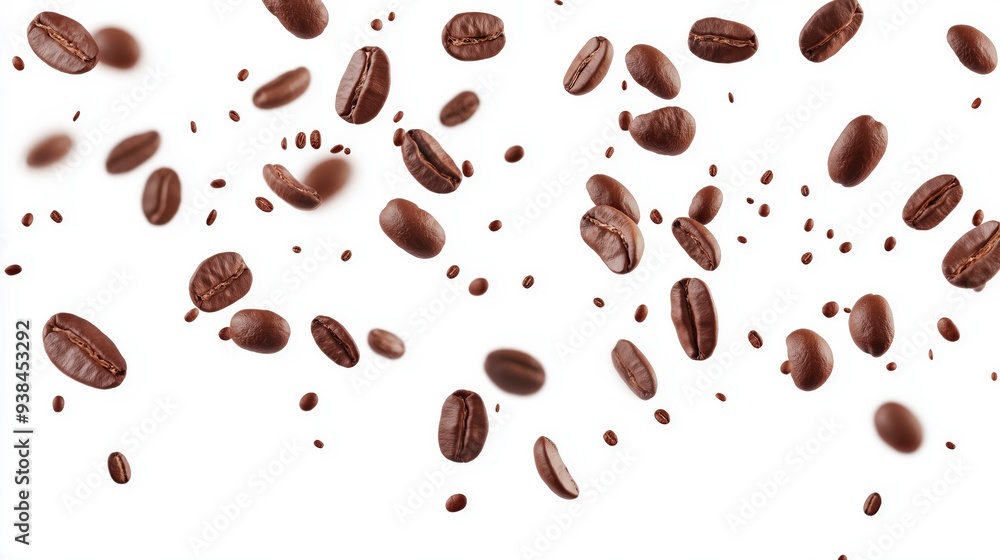 Obraz premium Coffee beans falling on a white background.