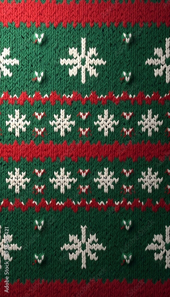 A seamless knitted pattern with snowflakes and geometric shapes in shades of green, red, and white, A seamless knitted pattern with snowflakes and geometric shapes in shades of green, red, and white,