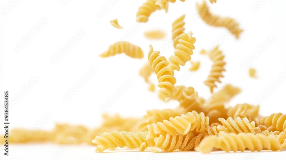 Close-up of raw pasta falling on a white background. Close-up of raw pasta falling on a white background.