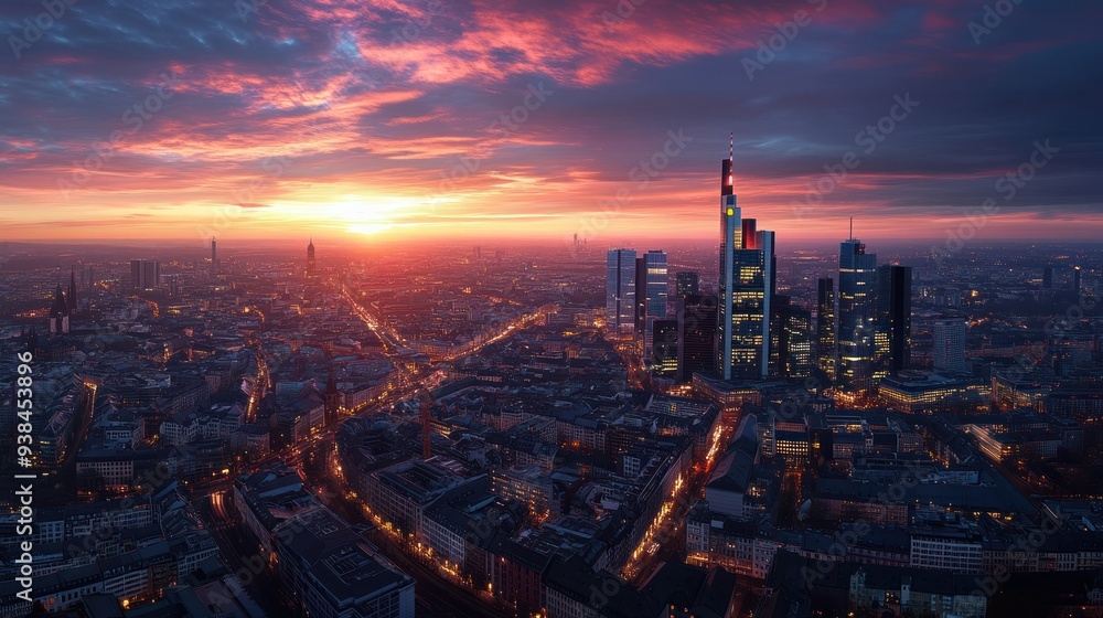 Obraz premium A city skyline with a beautiful sunset in the background.