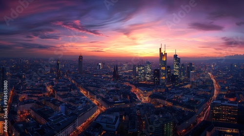 A city skyline with a beautiful sunset in the background.