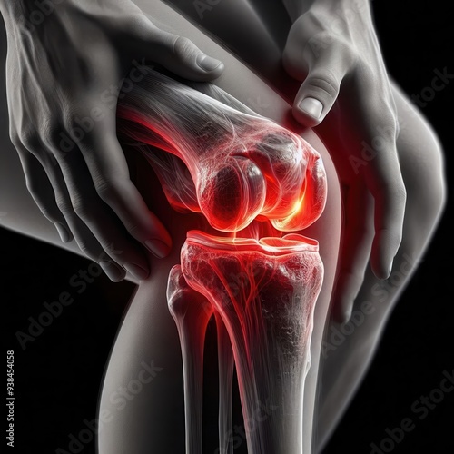 A close-up visualization of a knee joint, highlighting pain points and anatomical details, ideal for medical, health, and wellness contexts.