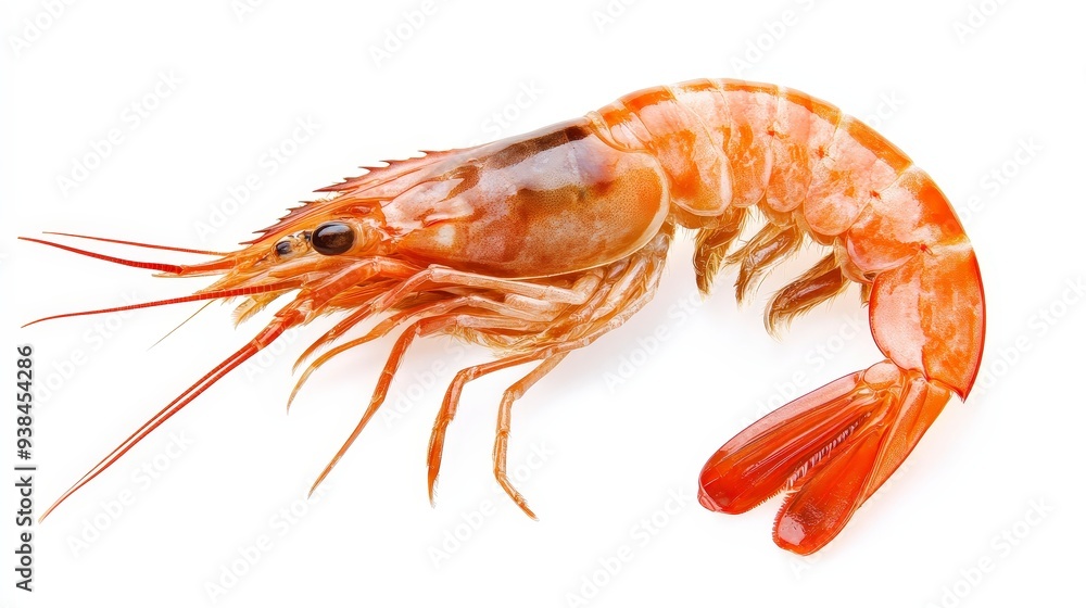 A close-up of a single, cooked shrimp isolated on a white background. A close-up of a single, cooked shrimp isolated on a white background.