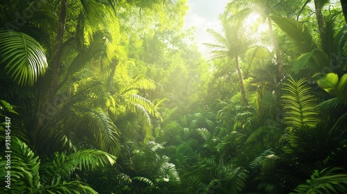 A lush green jungle with a bright yellow sun shining through the trees.