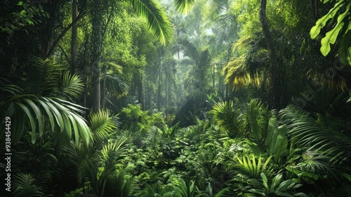 Fototapeta Naklejka Na Ścianę i Meble -  A lush green jungle with a bright yellow sun shining through the trees.