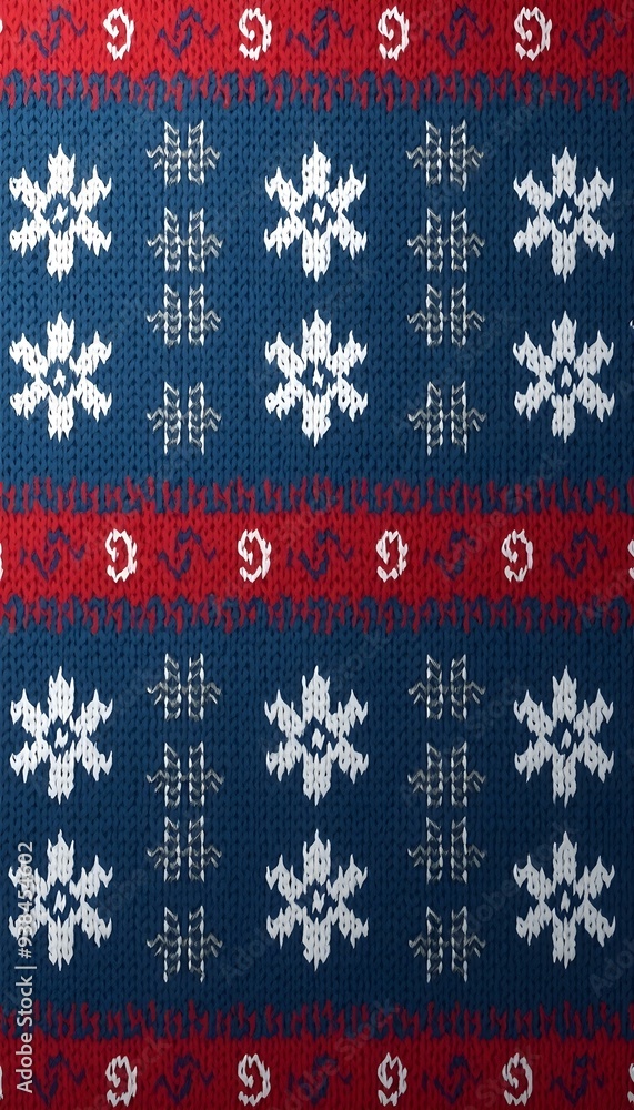 A seamless knitted pattern with snowflakes and geometric shapes in shades of blue, red, and white 