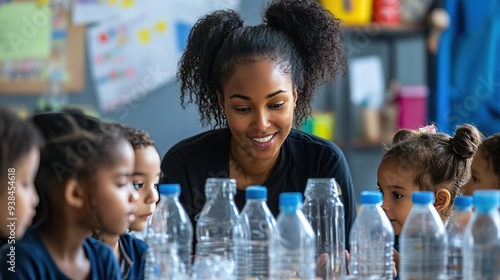 A teacher is talking to a group of children about recycling