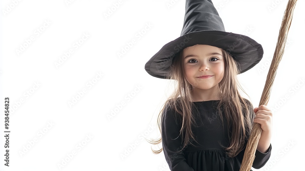 Beautiful cute little girl in a Halloween witch costume holding a broom isolated against a white background Beautiful cute little girl in a Halloween witch costume holding a broom isolated against a white background
