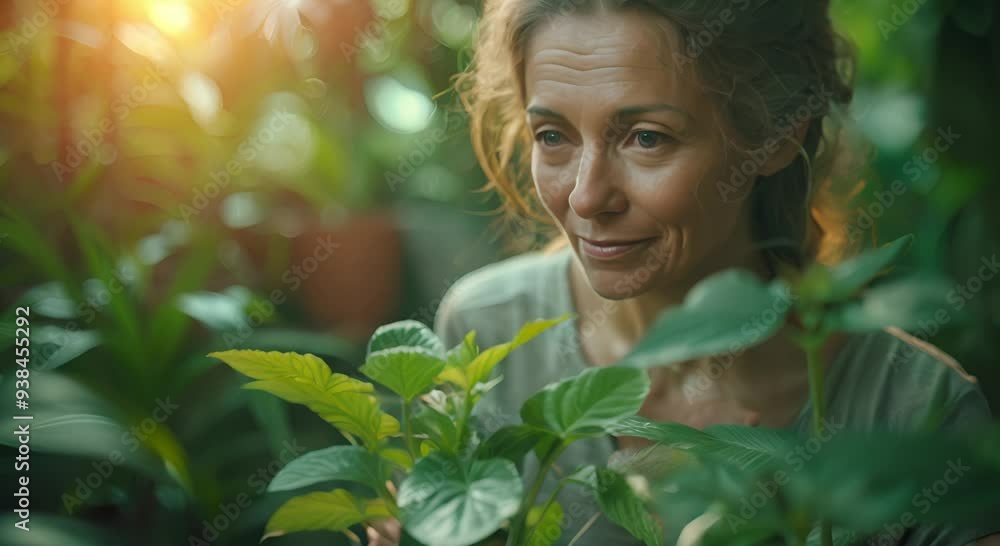 Smiling Woman Surrounded by Lush Greenery, Looking at a Plant Smiling Woman Surrounded by Lush Greenery, Looking at a Plant