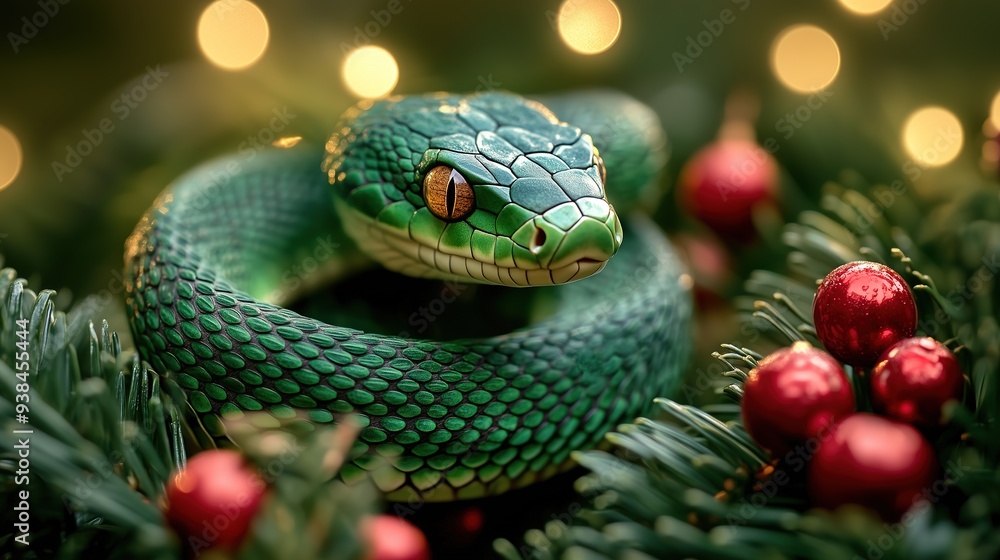 Fototapeta premium A Green Wooden Snake, holiday composition for happy and joy celebrate New Year, black bokeh background